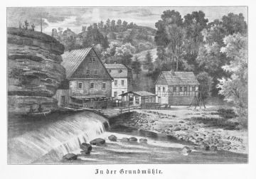 Dolský mlýn na kresbě Augusta Frinda (SchiDD, CC BY-SA 4.0, https://commons.wikimedia.org/wiki/File:Frind-Grundm%C3%BChle.jpg#/media/Soubor:Frind-Grundm%C3%BChle.jpg)